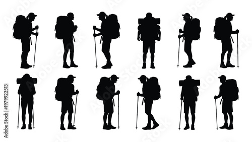 A collection of silhouetted hikers with backpacks and walking poles depicted in various walking poses and angles high quality professional detailed