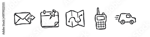 Logistics and Communication Tools Hand Drawn Doodle Icon Set