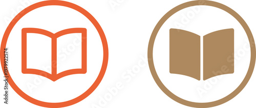 Two circular icons featuring open book symbols in orange and brown colors for educational interface usage