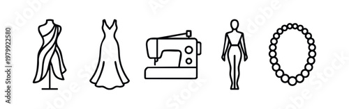 Fashion Atelier and Sewing Tools Outline Icon Set Collection