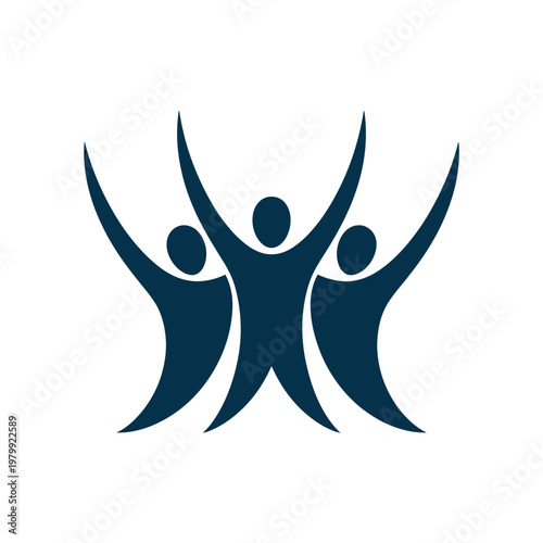 Three abstract figures with arms raised in a celebratory pose