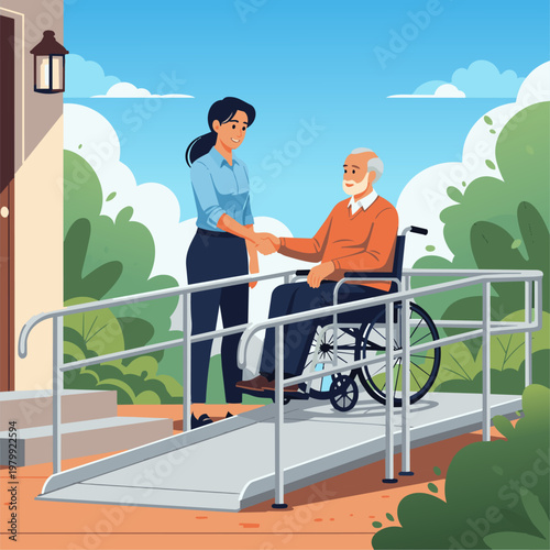 A vibrant vector scene showing an Aging-in-Place Consultant shaking hands with a senior man sitting in a wheelchair at the base of a newly installed, sleek modular ramp leading to a home entrance.
