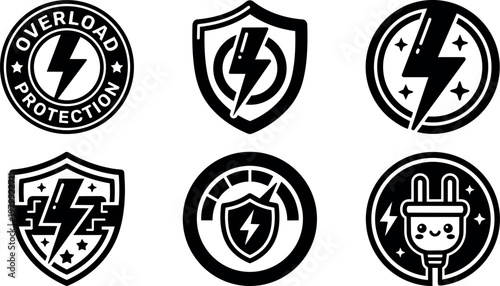 Black and white electric overload protection icons with lightning bolt and shield