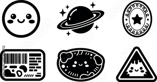 Cute smiling planet saturn and space objects black and white line art
