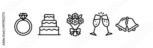 Outline Icons Representing a Wedding Ceremony and Celebration