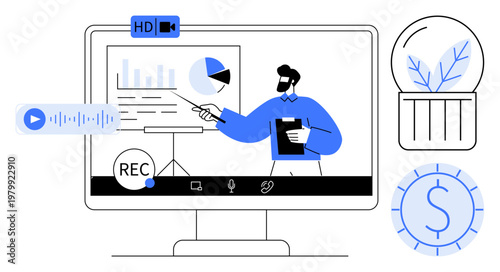 Remote learning, digital education, online presentation, virtual seminars, data analysis, remote work. Man pointing at chart on computer screen. Remote learning and digital education concept