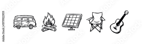Doodle set of camping essentials including a camper van, campfire, solar panel, chair, and guitar.
