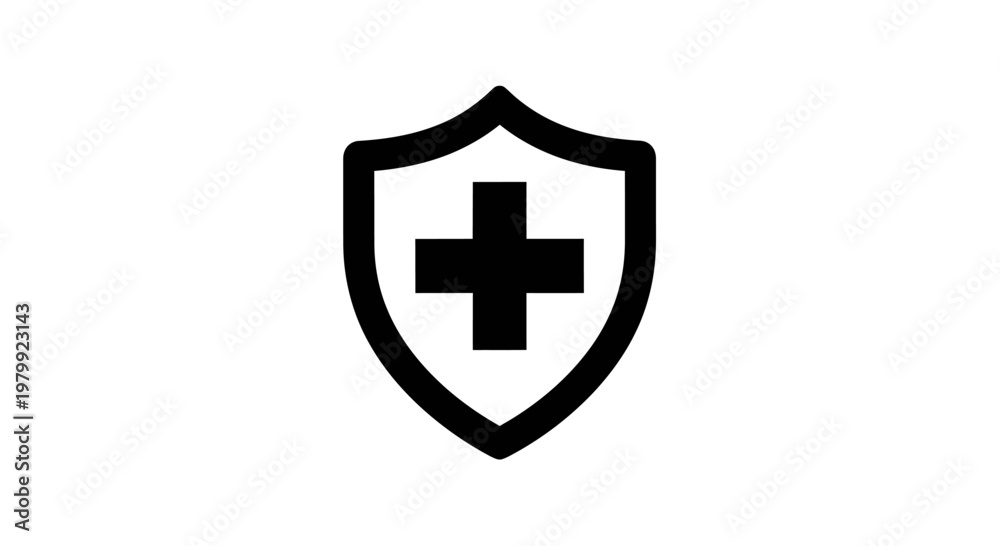 Fototapeta premium A black and white medical shield icon with a cross on a plain background