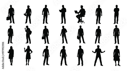 A collection of diverse black silhouettes depicting people in various casual poses and occupations presented against a white background high quality