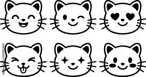 Black and white kawaii style cat face vector icons with various emoji expressions