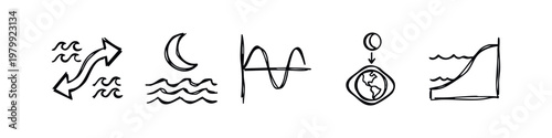 Doodle icons related to tides, moon, graphs, earth, and coast.