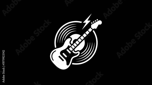 Rock Music Logo with Electric Guitar and Vinyl Record