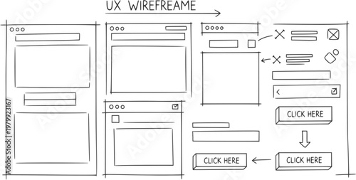 Hand-drawn user experience wireframe sketches and interface elements illustrating early conceptual design and digital product development process
