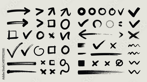 Collection of hand drawn arrows checkmarks shapes and various brushstroke elements
