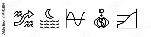 Line art icons representing tidal forces, moon, wave graph, earth, and coastal barrier.