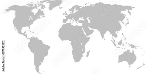 Simple Monochrome Grey Vector World Map Illustration with Continent Shapes