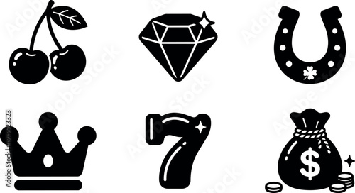 Black silhouette cherry diamond horseshoe crown seven and money bag icons