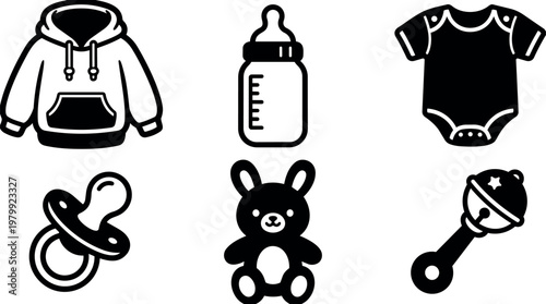 Black and white baby clothing bottle pacifier toy rattle icons set