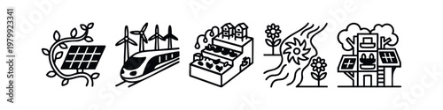 Line art icons showcasing green energy and sustainable transport: solar panel, high-speed train, hydroponics, water turbine, eco-building.