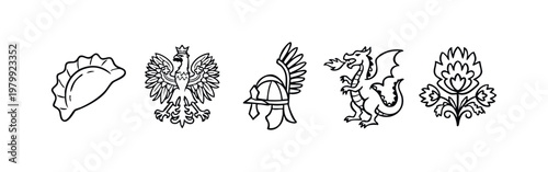 Doodle icons representing Polish culture and folklore: pierogi, eagle, knight's helmet, dragon, folk flower.