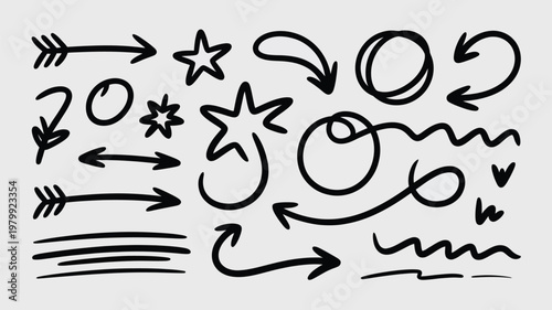 A collection of hand drawn arrows stars and various doodle shapes in black ink