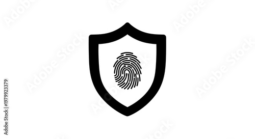 A black and white icon of a shield with a fingerprint in the center, symbolizing security and protection