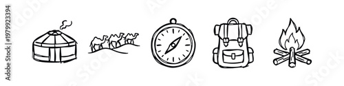 Hand-drawn Adventure and Travel Doodle Icons Set with Yurt Camels Compass Backpack and Campfire