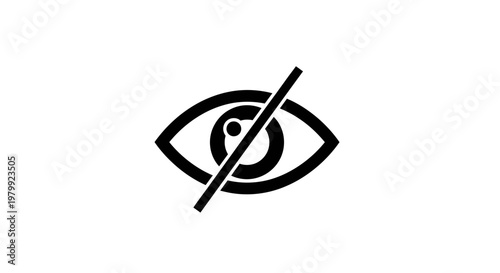 A black and white illustration of an eye with a diagonal line through it on a plain background