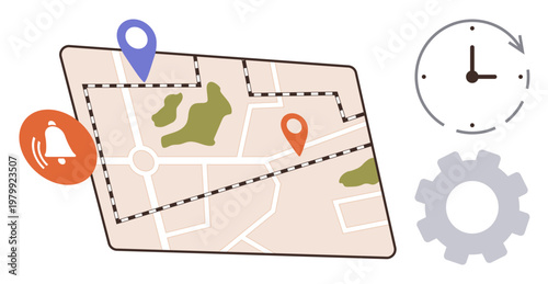 Navigation, geolocation, time tracking, route planning, notification alerts, digital map settings. A map with location markers, bell alert clock and gear. Navigation and geolocation concepts