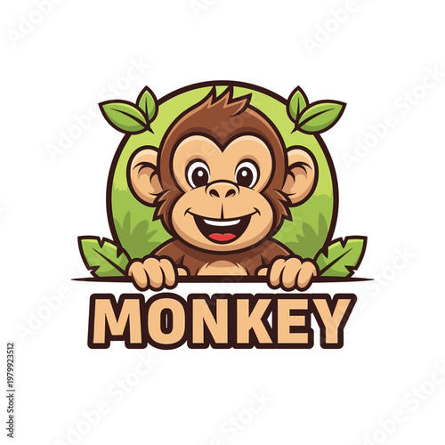 Cute Cartoon Monkey Peeking Over a Sign with Green Leaves.