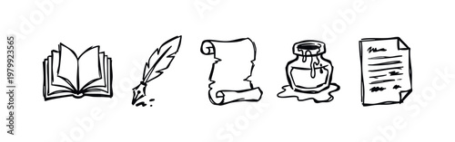 Hand-drawn Literature and Historical Writing Doodle Icons Set with Book Quill Scroll and Ink