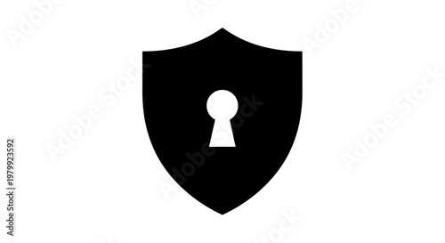 A black shield with a white keyhole on a plain white background, symbolizing security and protection