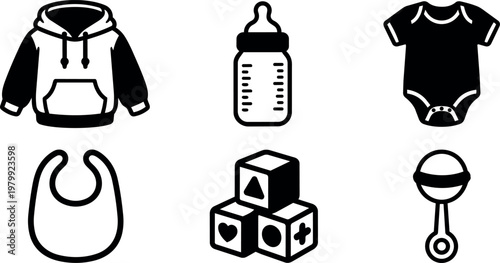Black and white baby clothes bottle bib blocks and rattle icons