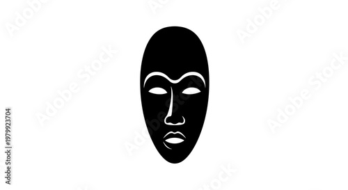 A mysterious black mask with a white face design on a plain background