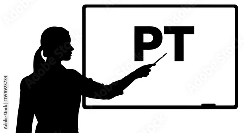 A silhouette of a woman pointing at a whiteboard with a pen in her hand.