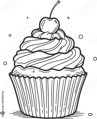 A delightful line art drawing of a frosted cupcake topped with a cherry, perfect for baking and dessert-themed designs