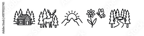 Konstfotografi Clean Line Art Nature and Outdoor Scenery Icon Set with Cabin Wildlife and Mount