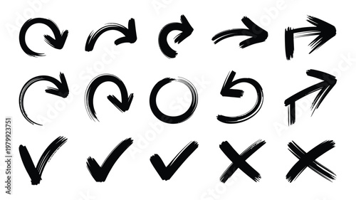 Collection of hand drawn arrows swirls checks and crosses in black ink