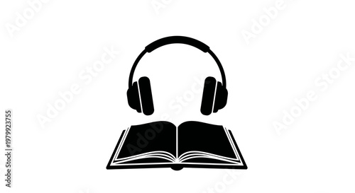 A black and white illustration of a book with headphones on top, symbolizing audiobooks and learning.