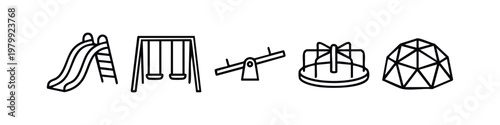 Minimal Line Art Playground and Recreation Icon Set with Slide Swings and Seesaw