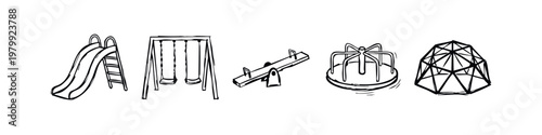 Hand-drawn Playground Equipment Doodle Icons Set with Slide Swings Seesaw and Carousel