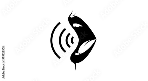 A black and white illustration of a mouth with sound waves emanating from it