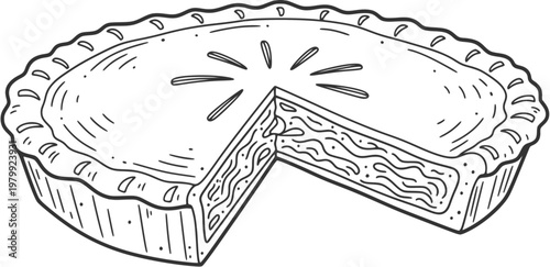Hand-drawn illustration of a delicious, freshly baked pie with a slice removed, showcasing its rich, textured filling, perfect for a cozy dessert or holiday treat in a classic line art style
