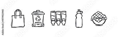 Hand-drawn icons: Shopping bag, trash can, dispensers, bottle, and bowl with lid.