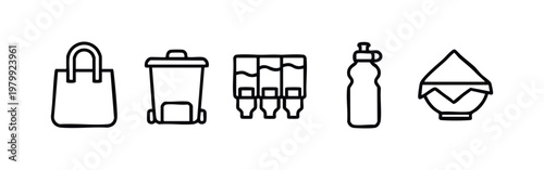 Vector icons: Shopping bag, trash can, dispensers, bottle, and bowl with lid.