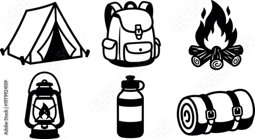 Black and white camping gear icons with tent backpack fire lantern water bottle and sleeping mat