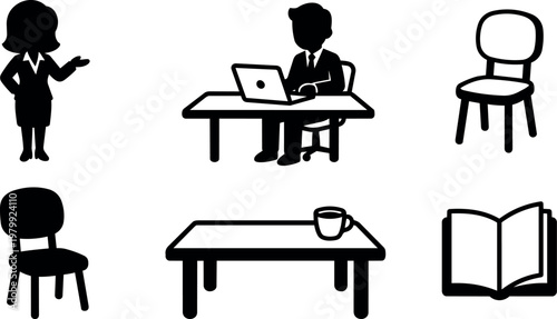 Business woman and man with laptop and office furniture icons