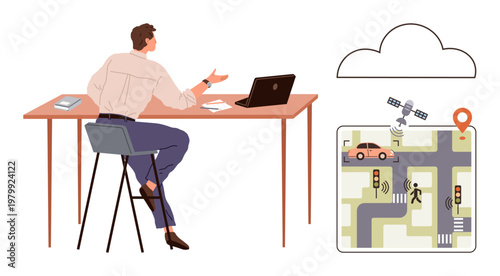Smart cities, IoT technology, data analysis, navigation systems, urban planning, transportation. A man at a desk gestures toward a screen showing a map with navigation data. Smart cities and IoT