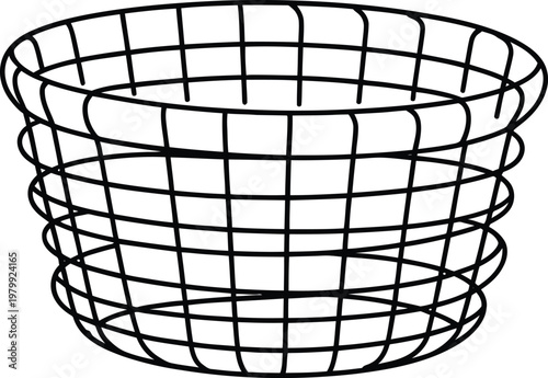 Empty metal wire mesh basket with circular frame structure for home organization and laundry storage tasks