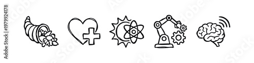 Hand-drawn icons: Cornucopia, heart with cross, atom symbol, robot arm, brain.